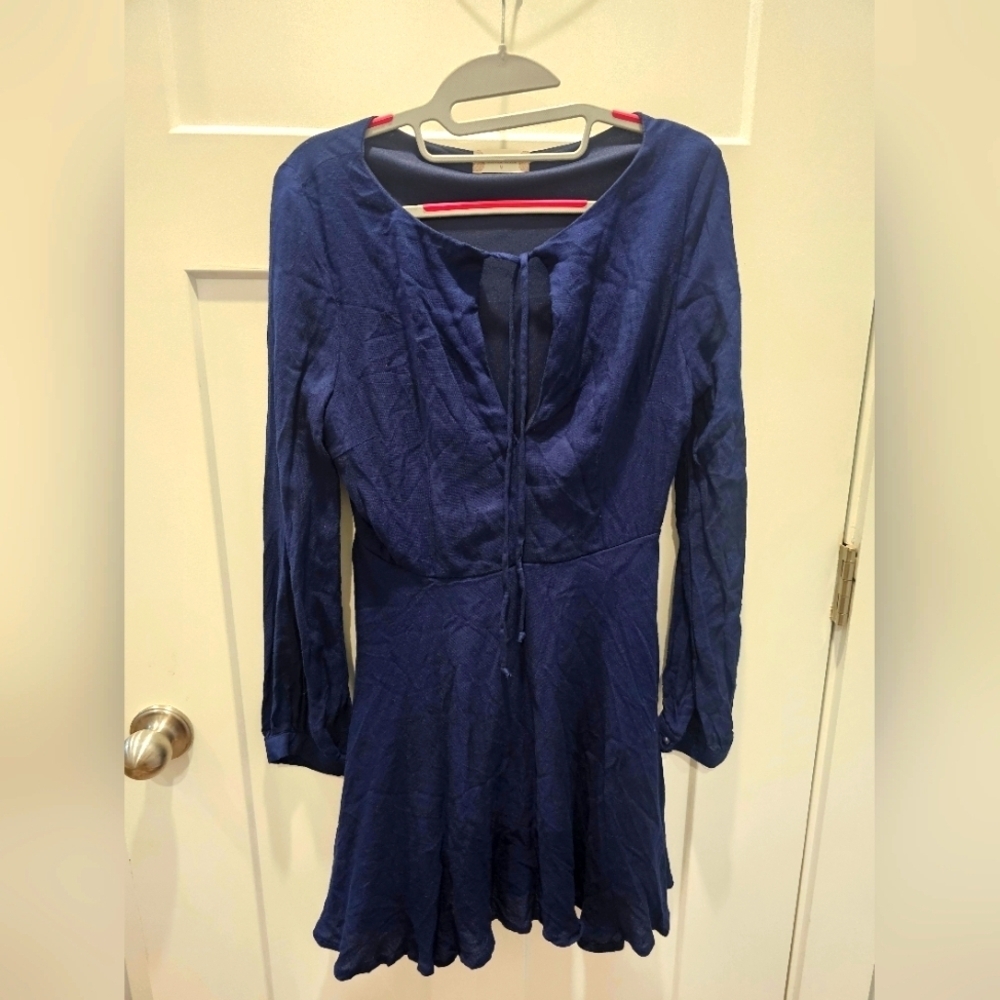 Altar’d State Navy Blue Long Sleeve Mini Dress Size M Boho Tie Front